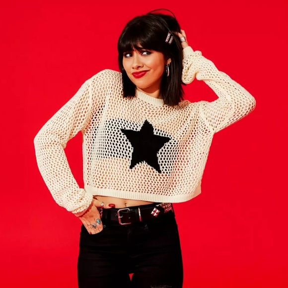 Rue21 Black Star Print Cropped Sweater 90s Vibe - Picture 7 of 7